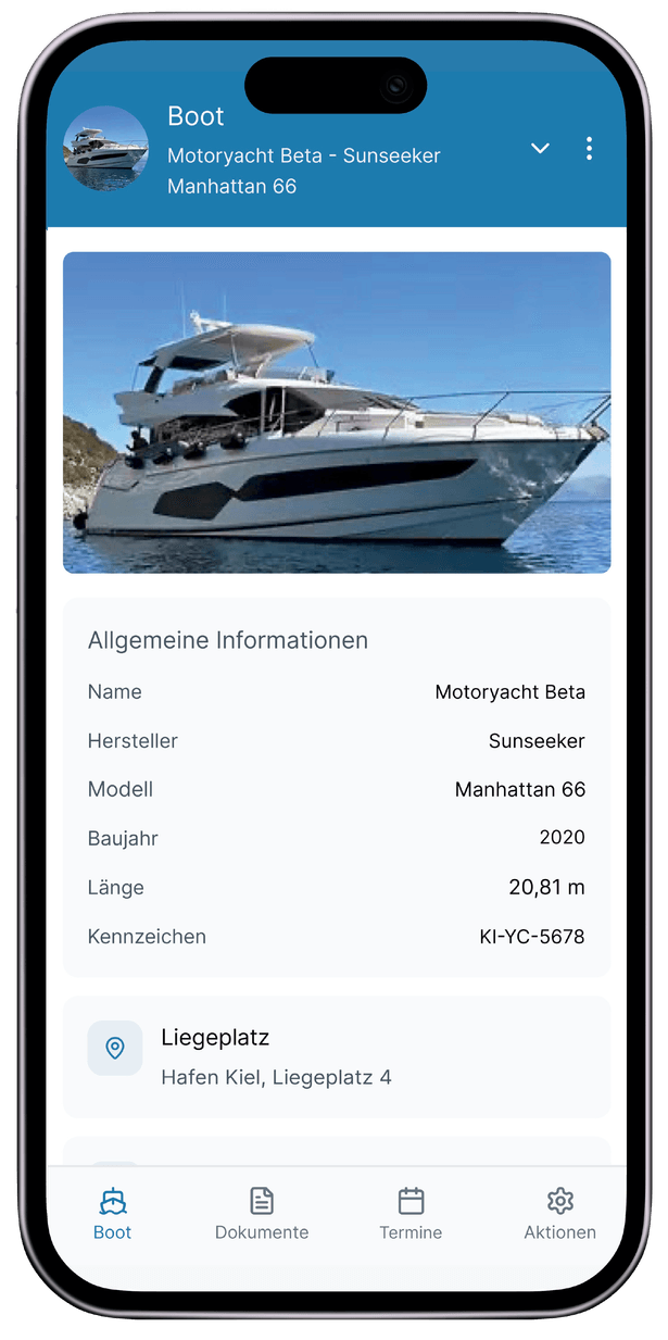 Boat overview screen in Platinum Boat App