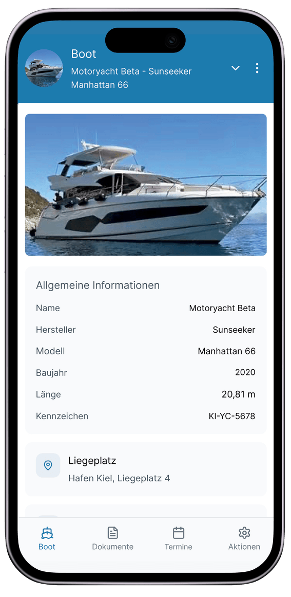 Boat profile screen in Platinum Boat App