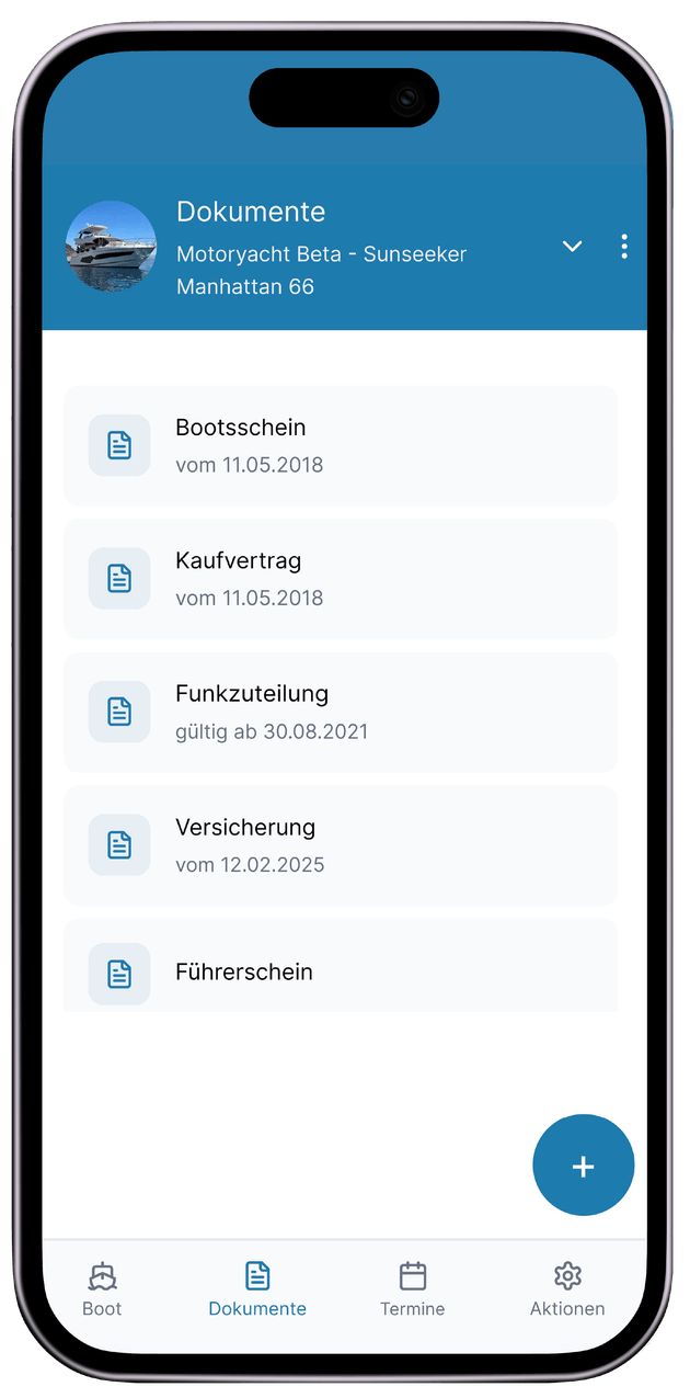 Document management screen in Platinum Boat App
